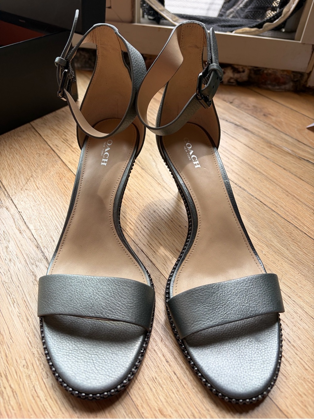 Coach Maude Metallic Soft Mill Gunmetal Leather Ankle-Strap Heels - Picture 9 of 10